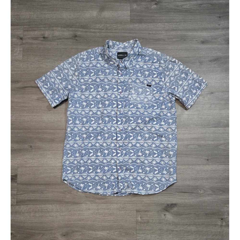O'Neill Shirt Mens Large Blue Tropical Geometric Palm Short Sleeve Button Up AOP